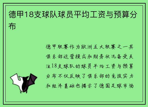 德甲18支球队球员平均工资与预算分布