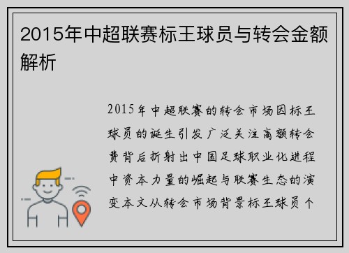 2015年中超联赛标王球员与转会金额解析