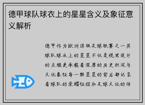 德甲球队球衣上的星星含义及象征意义解析